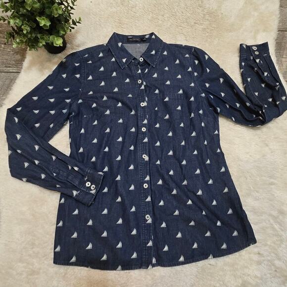 The Limited Blue Chambray Sailboat Button-Up Shirt, Size Small - Picture 1 of 7